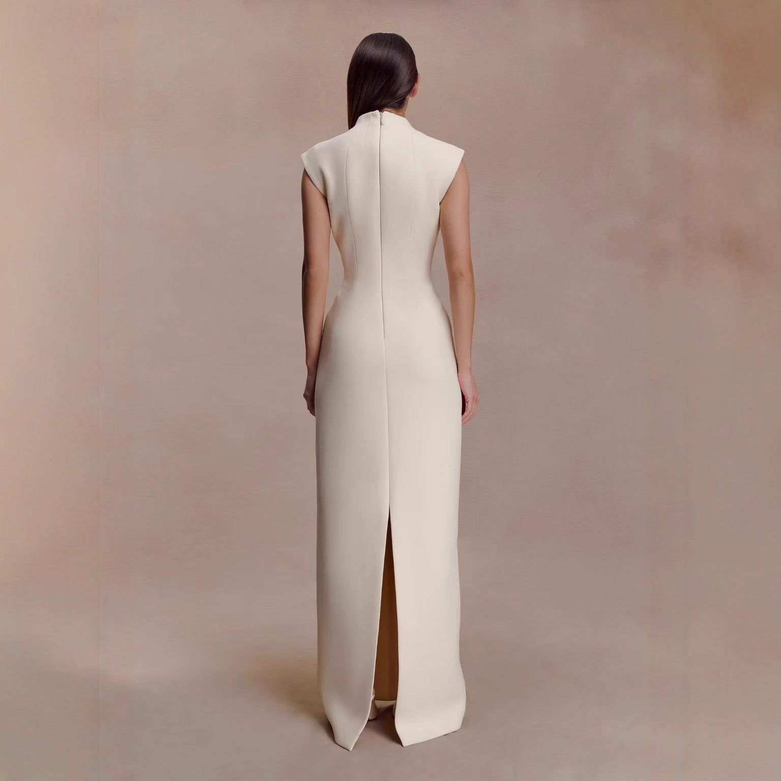 Fitted Straight-Line Evening Dress with High Neck