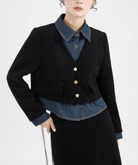 Wool Blend Denim Collar Puff Sleeve Cardigan