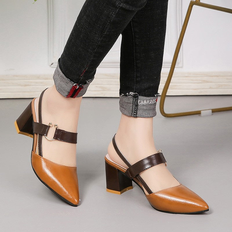 thick heel pointed toe buckle high heel sandals