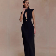 Fitted Straight-Line Evening Dress with High Neck
