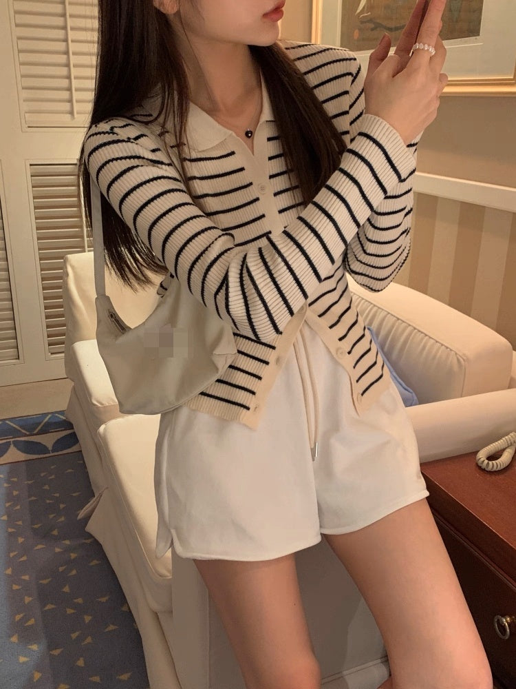 Metal Button Striped Collared Cardigan