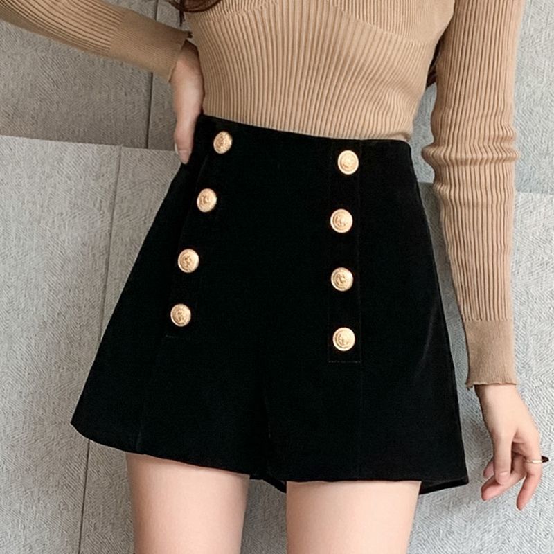 Embellished Button Suede High-Waisted Shorts