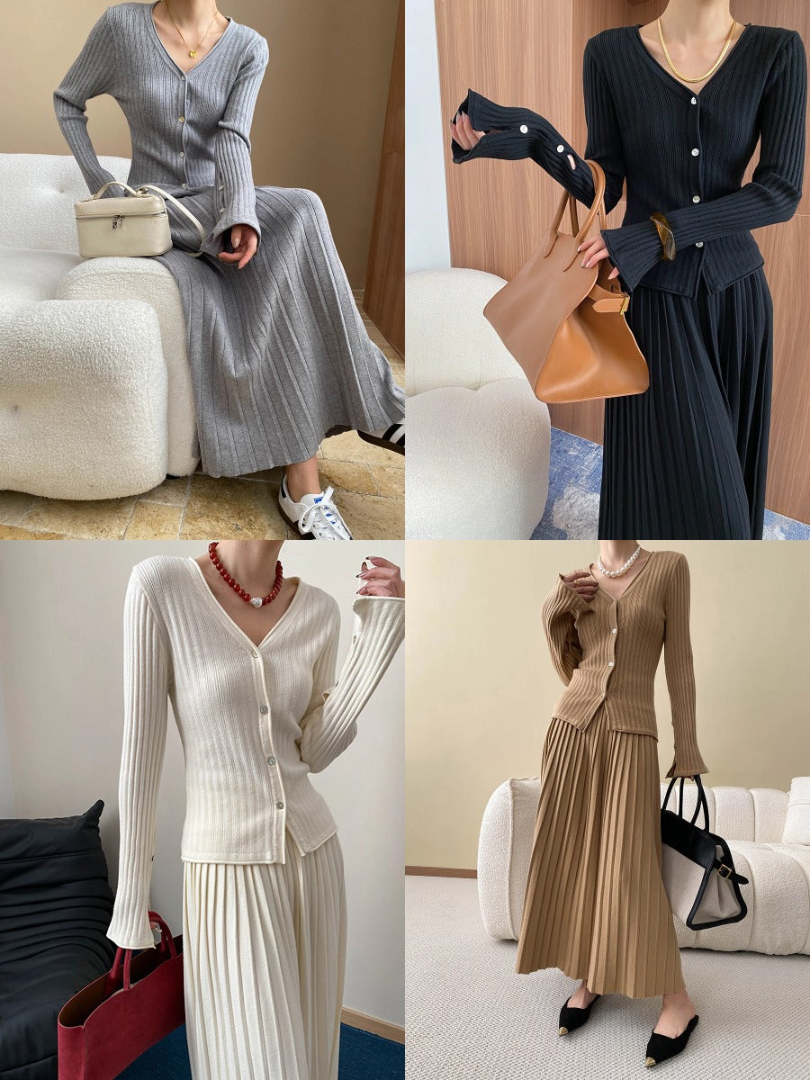 Knit Cardigan & Pleated Midi Skirt Set