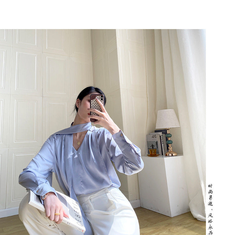 White Tie Neck Satin Blouse