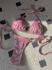 PU Faux Leather Halter Mini Thong Bikini  Two-pieces Bikini Set