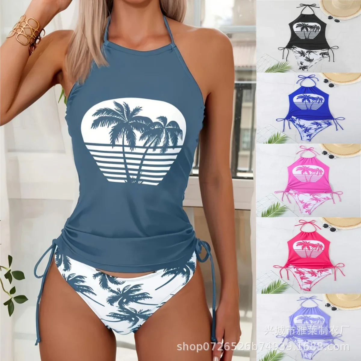 Palm Print Halter Bikini Set Tie Front & Back, Adjustable Triangle Top for Halter Sleeveless Top Set
