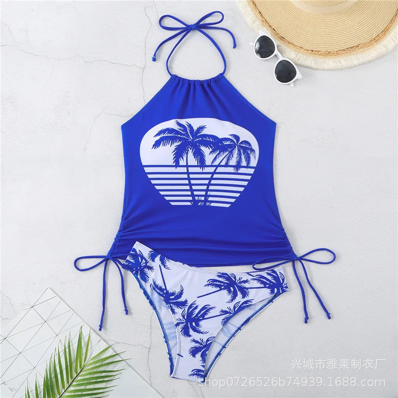 Palm Print Halter Bikini Set Tie Front & Back, Adjustable Triangle Top for Halter Sleeveless Top Set