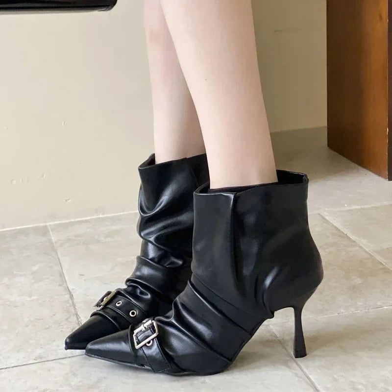 Pleated Soft Leather Ankle Boots