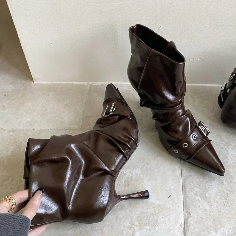 Pleated Soft Leather Ankle Boots