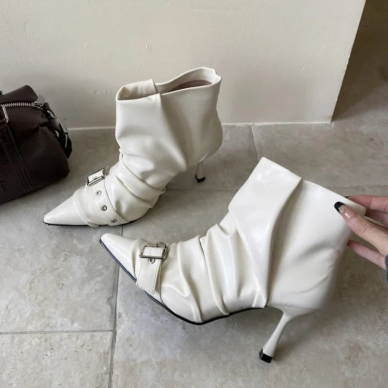 Pleated Soft Leather Ankle Boots