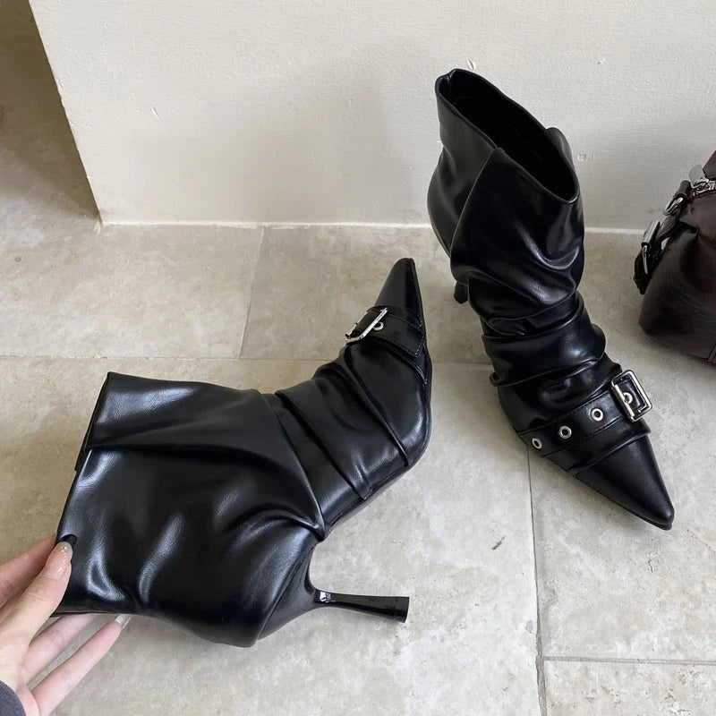 Pleated Soft Leather Ankle Boots
