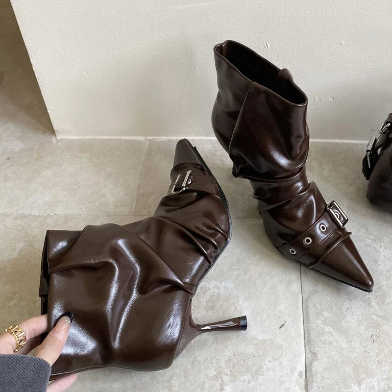 Pleated Soft Leather Ankle Boots