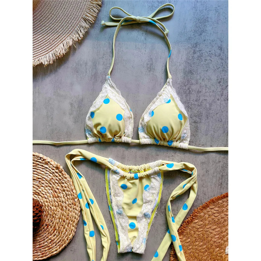 Polka Dot Lace Splicing Bikini Two-pieces Bikini Set Halter