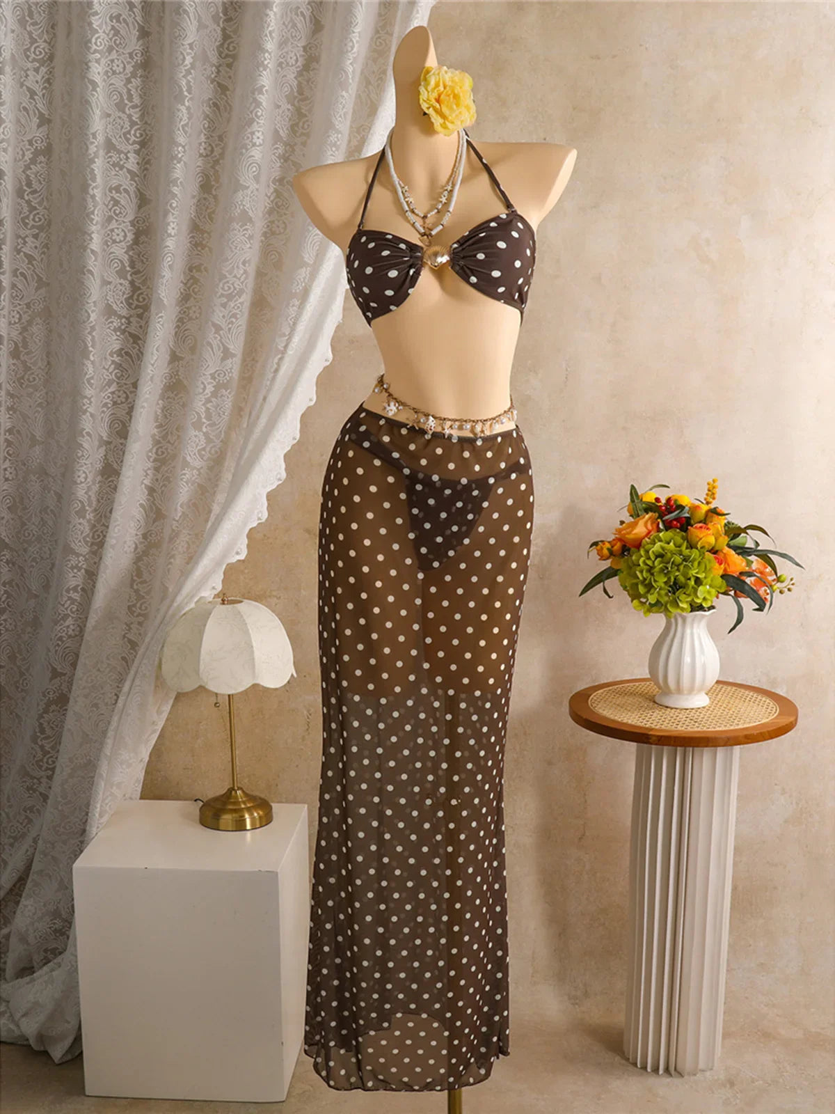 Polka Dots With Halter Shell Bikini Three-pieces Bikini Set