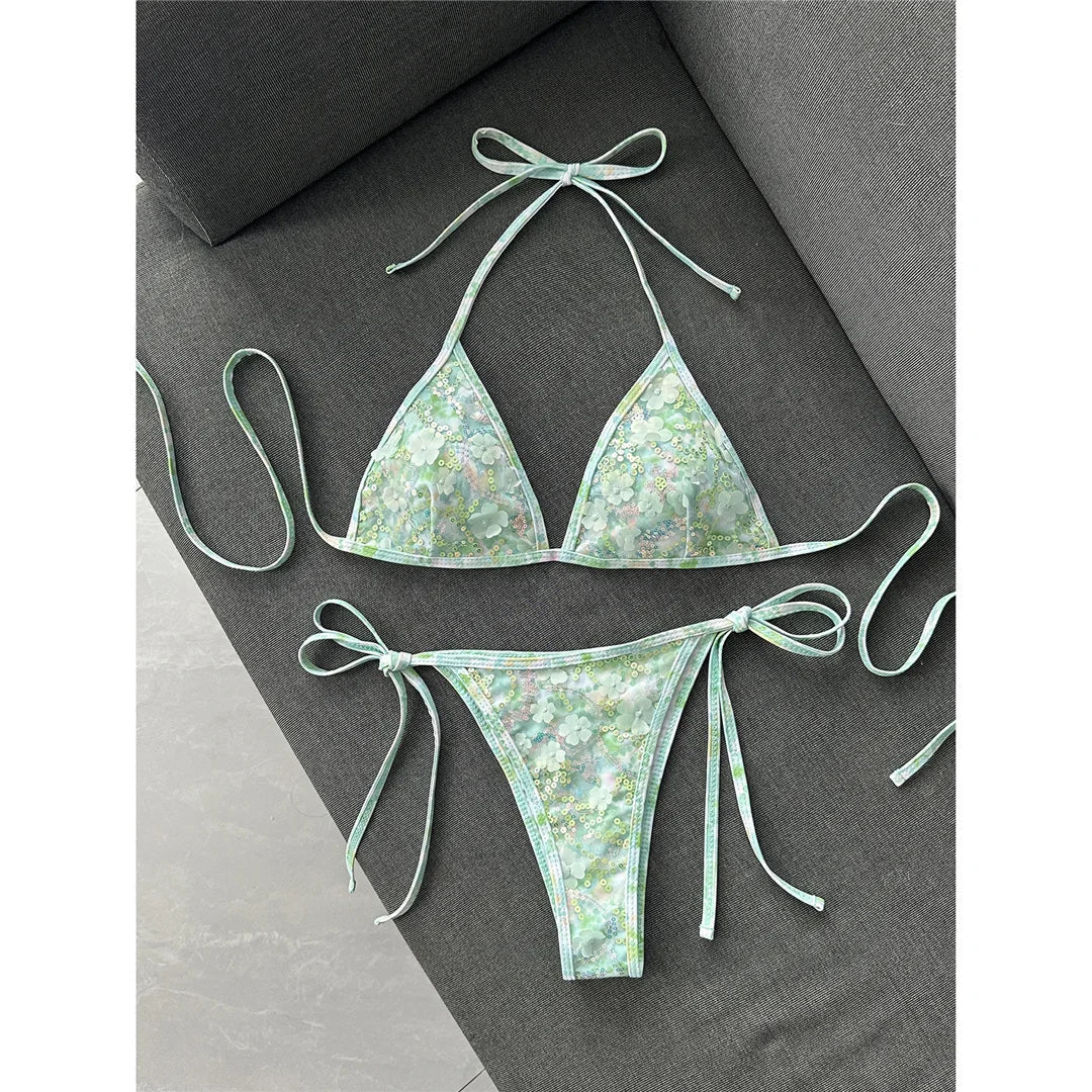 Printed Sequins Halter Bikini Two-pieces Bikini Set