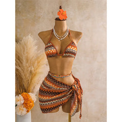 Printed With Sarong Halter Bikini Three-pieces Bikini Set
