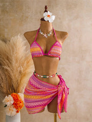 Printed With Sarong Halter Bikini Three-pieces Bikini Set