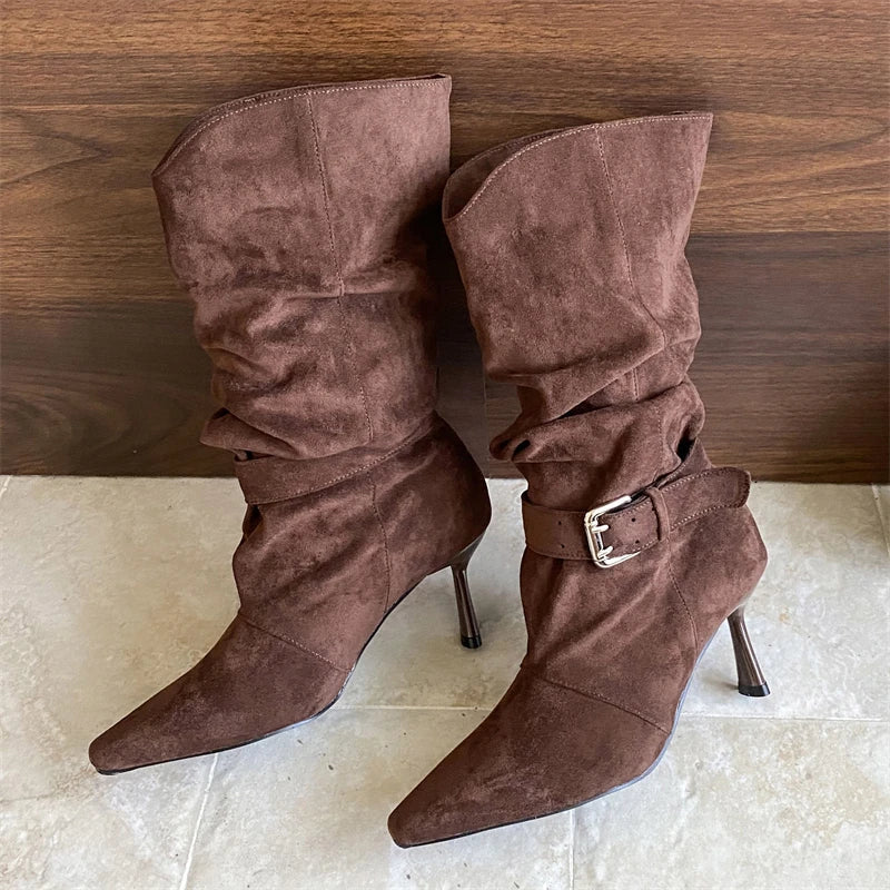 Punk Pleated Buckle Strap Ankle Boots