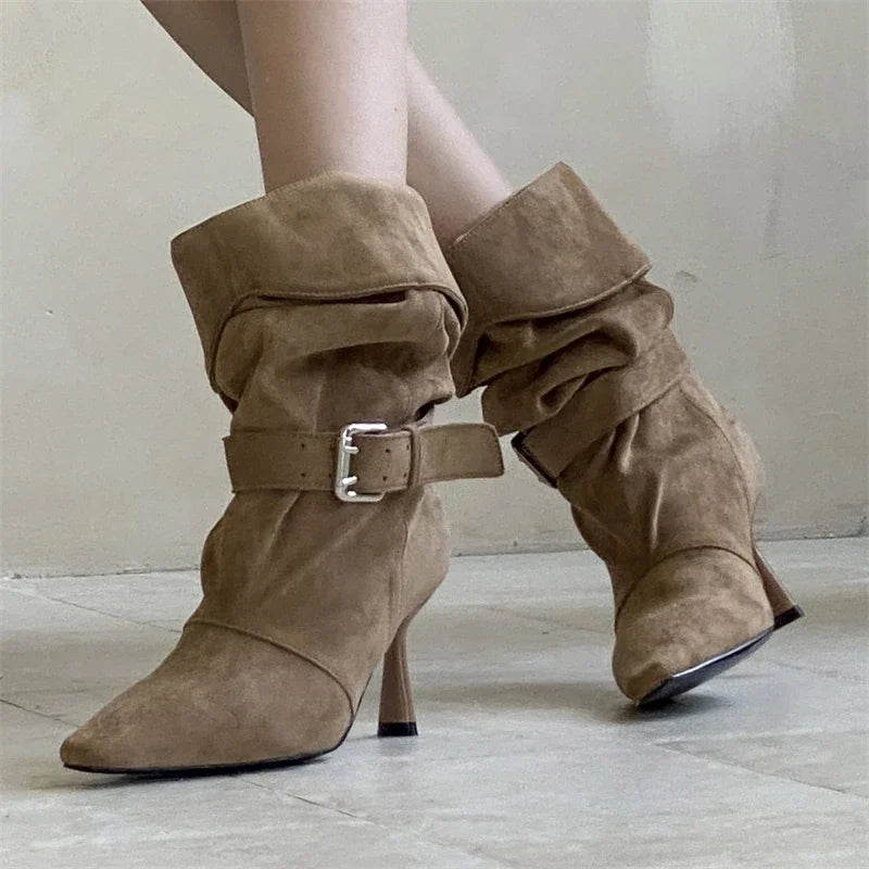 Punk Pleated Buckle Strap Ankle Boots