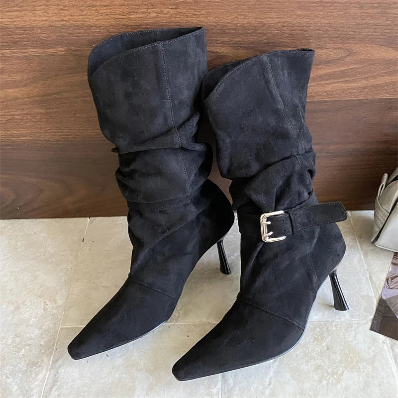 Punk Pleated Buckle Strap Ankle Boots