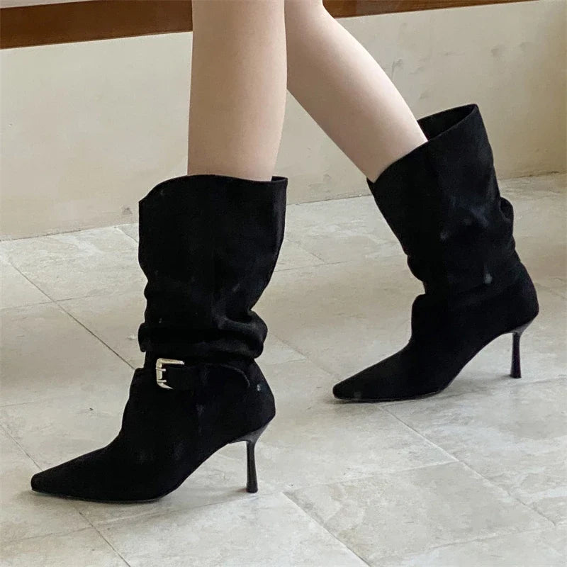 Punk Pleated Buckle Strap Ankle Boots