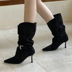 Punk Pleated Buckle Strap Ankle Boots