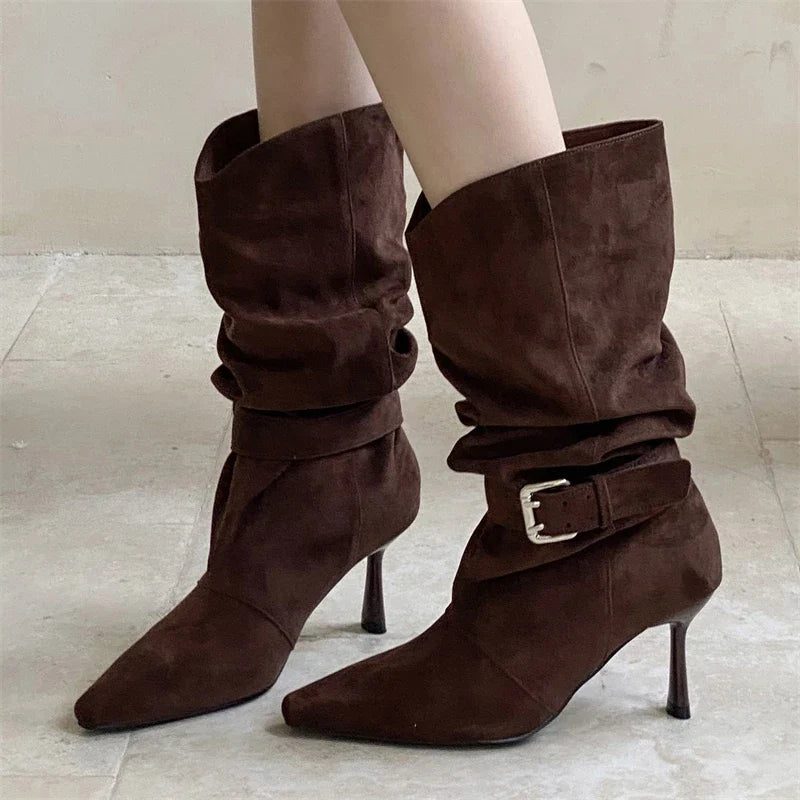 Punk Pleated Buckle Strap Ankle Boots