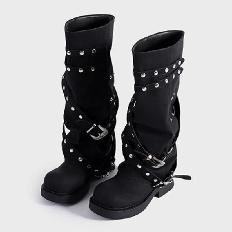 Punk Style Rivets Belt Buckle Design Knee Boots