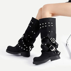 Punk Style Rivets Belt Buckle Design Knee Boots
