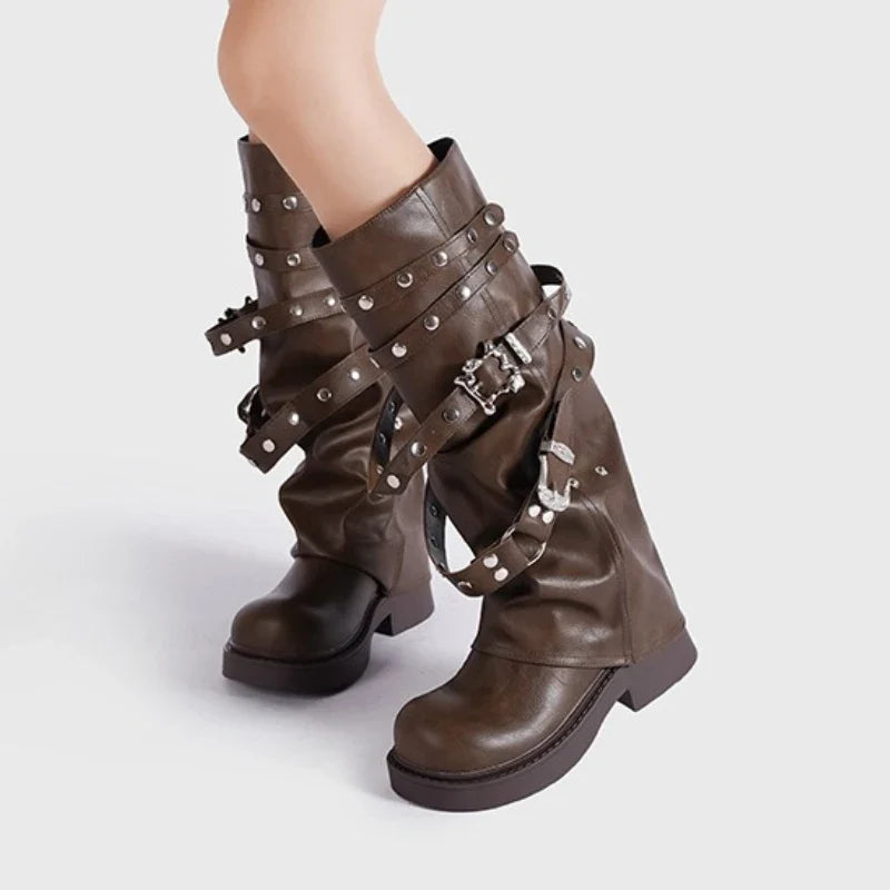 Punk Style Rivets Belt Buckle Design Knee Boots