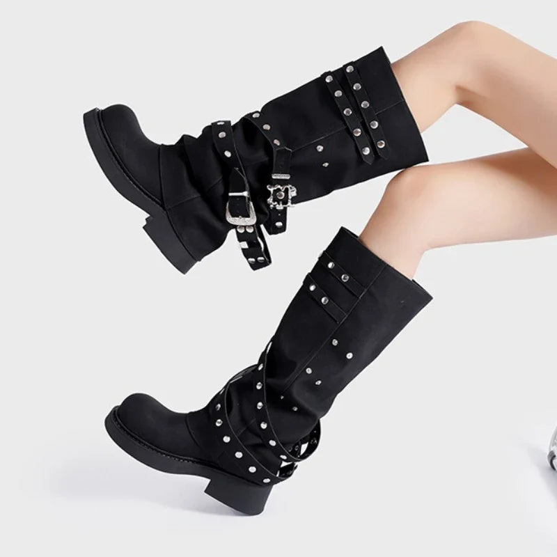 Punk Style Rivets Belt Buckle Design Knee Boots