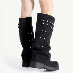 Punk Style Rivets Belt Buckle Design Knee Boots