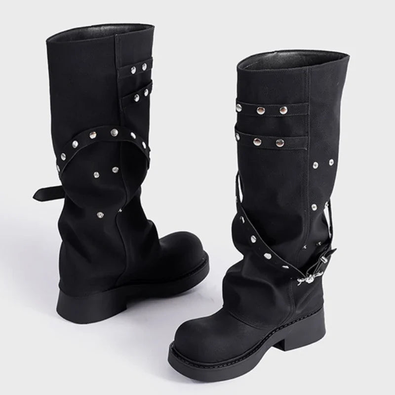 Punk Style Rivets Belt Buckle Design Knee Boots
