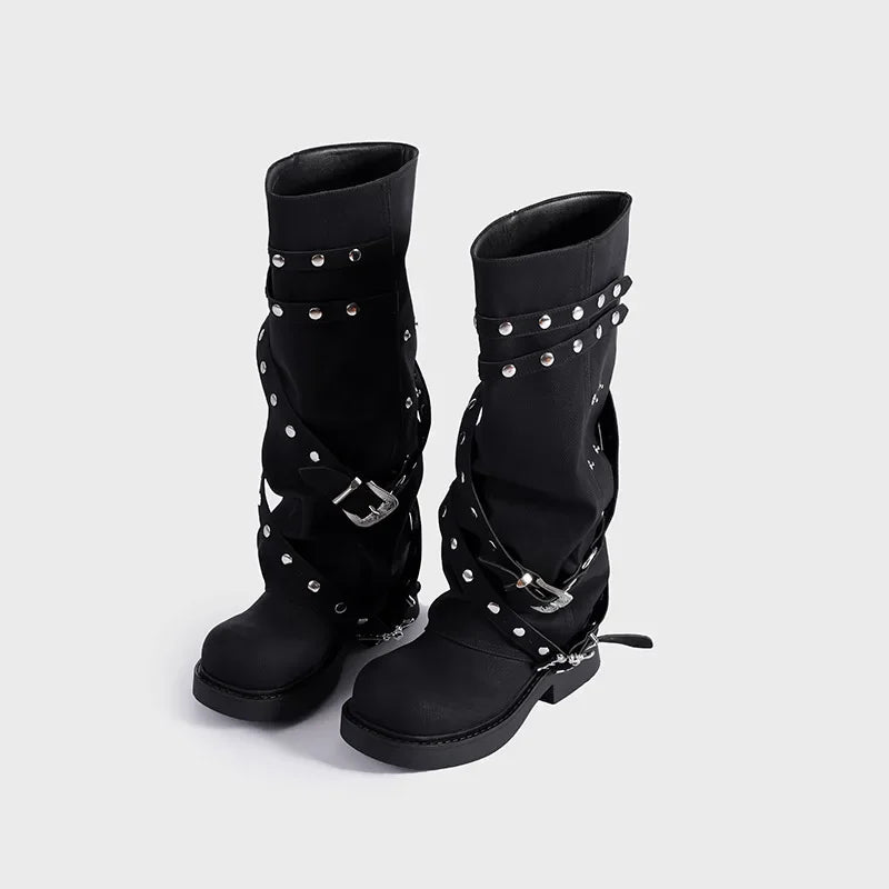 Punk Style Rivets Belt Buckle Design Knee Boots
