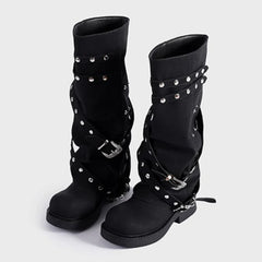 Punk Style Rivets Belt Buckle Design Knee Boots