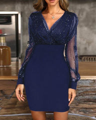 Slim Fit Mesh V-neck Sequined Dress