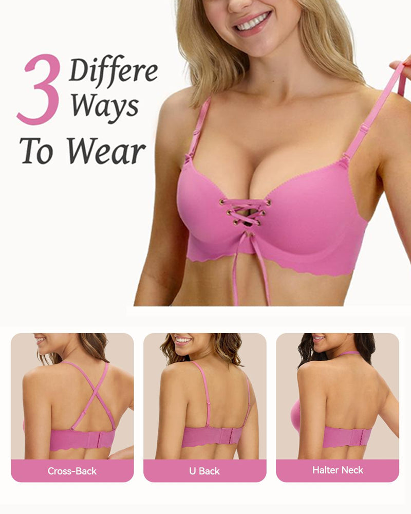 Women's Drawstring Push-Up Detachable Shoulder Straps Wire-Free Comfort Bra