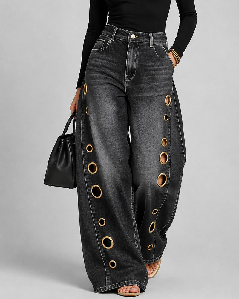 Casual Loose Metal Perforations High Waist Wide-leg Washed Jeans