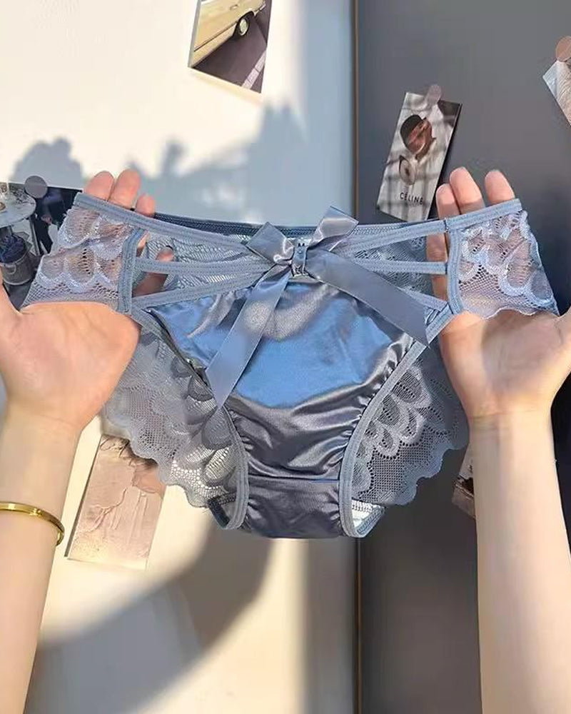 Low-rise Satin Bow-embroidered See-through Lace Panties