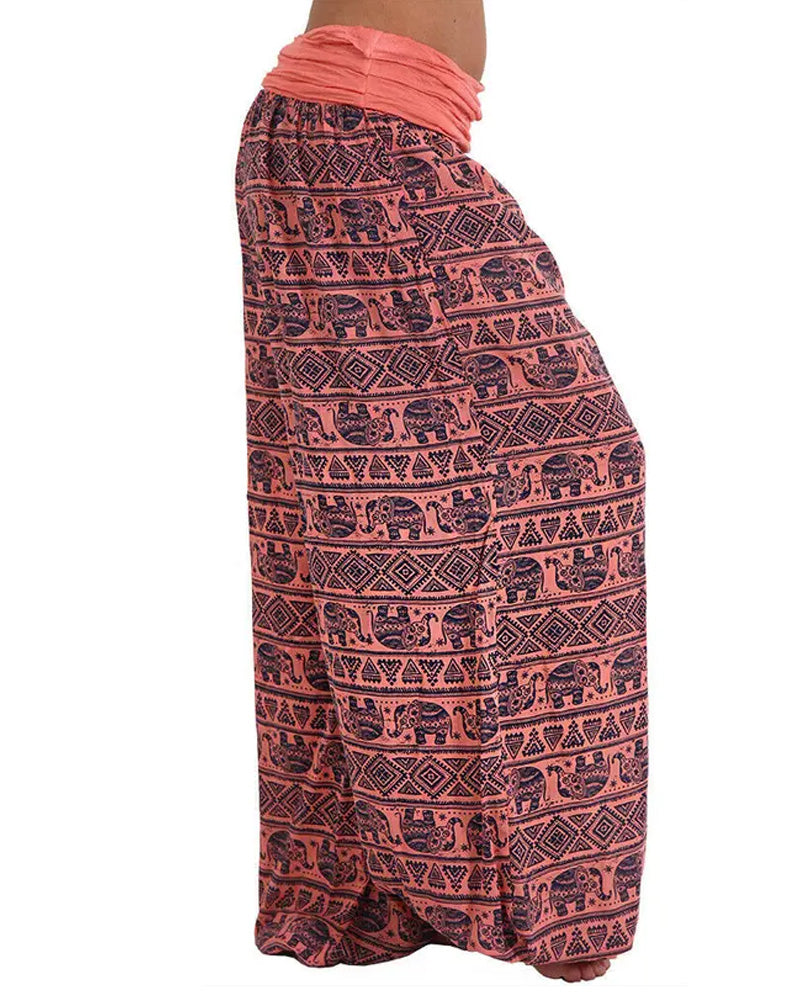 Casual Loose Retro Print Wide-leg Pants