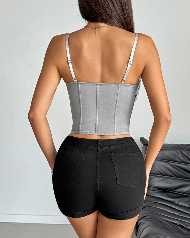 Sheer Mesh Lace Patchwork Boning Spaghetti Straps Corset Top