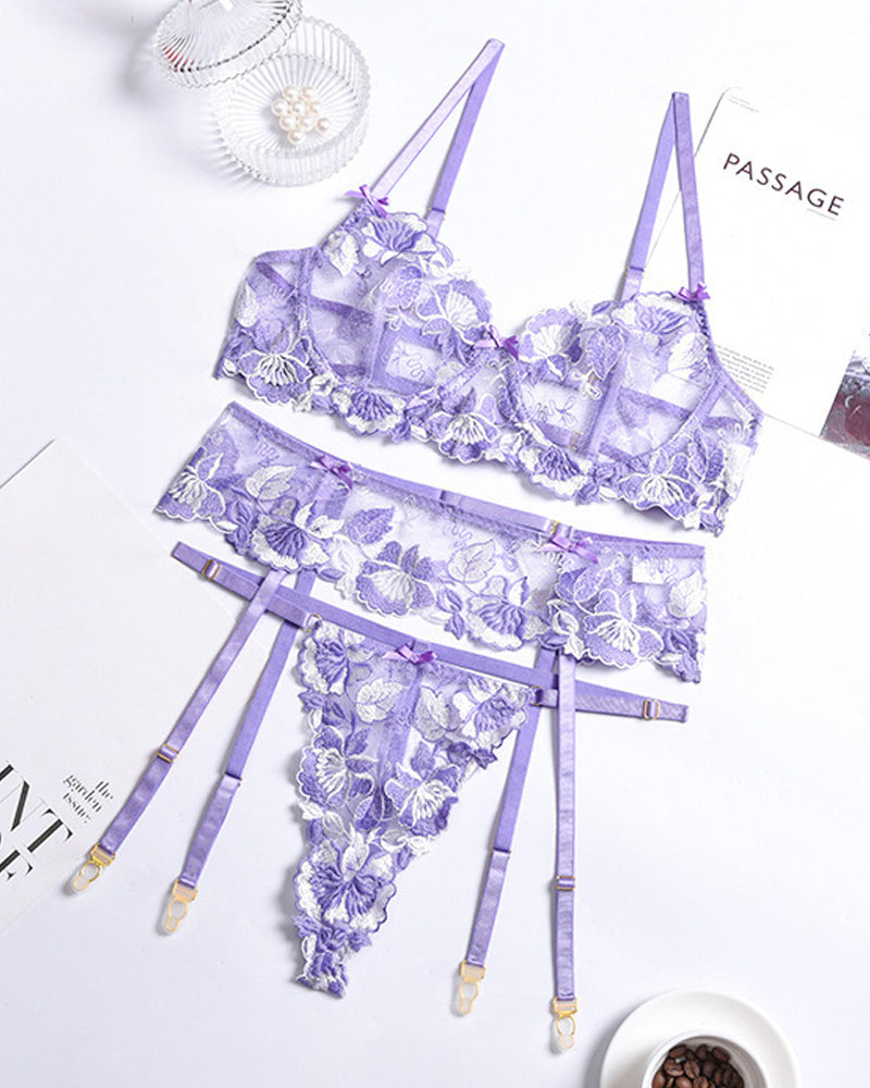 Purple Floral Embroidered Lace Mesh Sheer See-through Hollow-out Lingerie Set