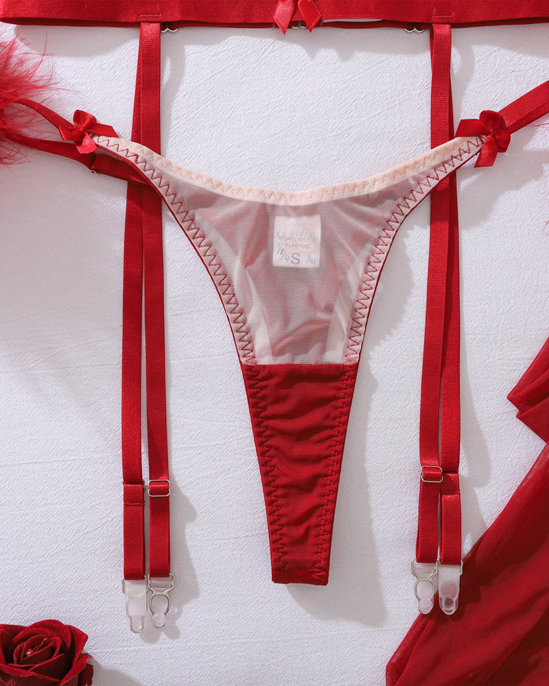 Bowknot Mesh Panel Bra and Panty Set + Gloves + Stockings