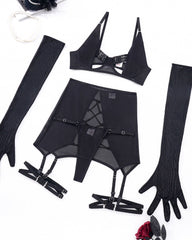 Strappy Sheer Mesh Lingerie Set with Gloves