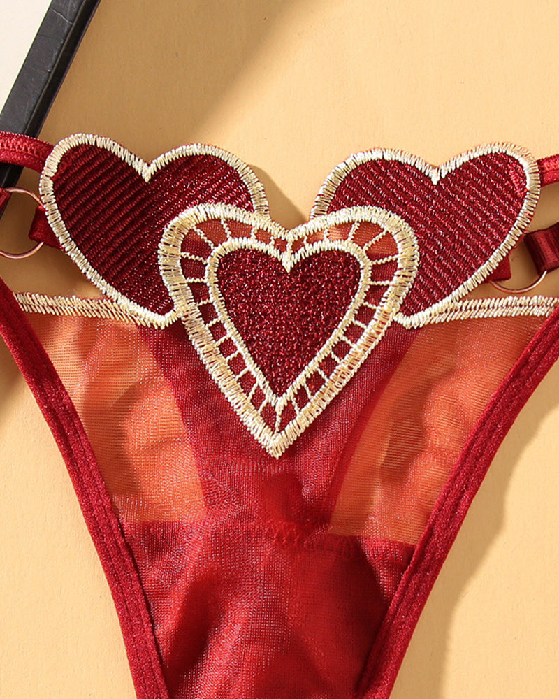 Heart Embroidered Sheer Mesh Thong