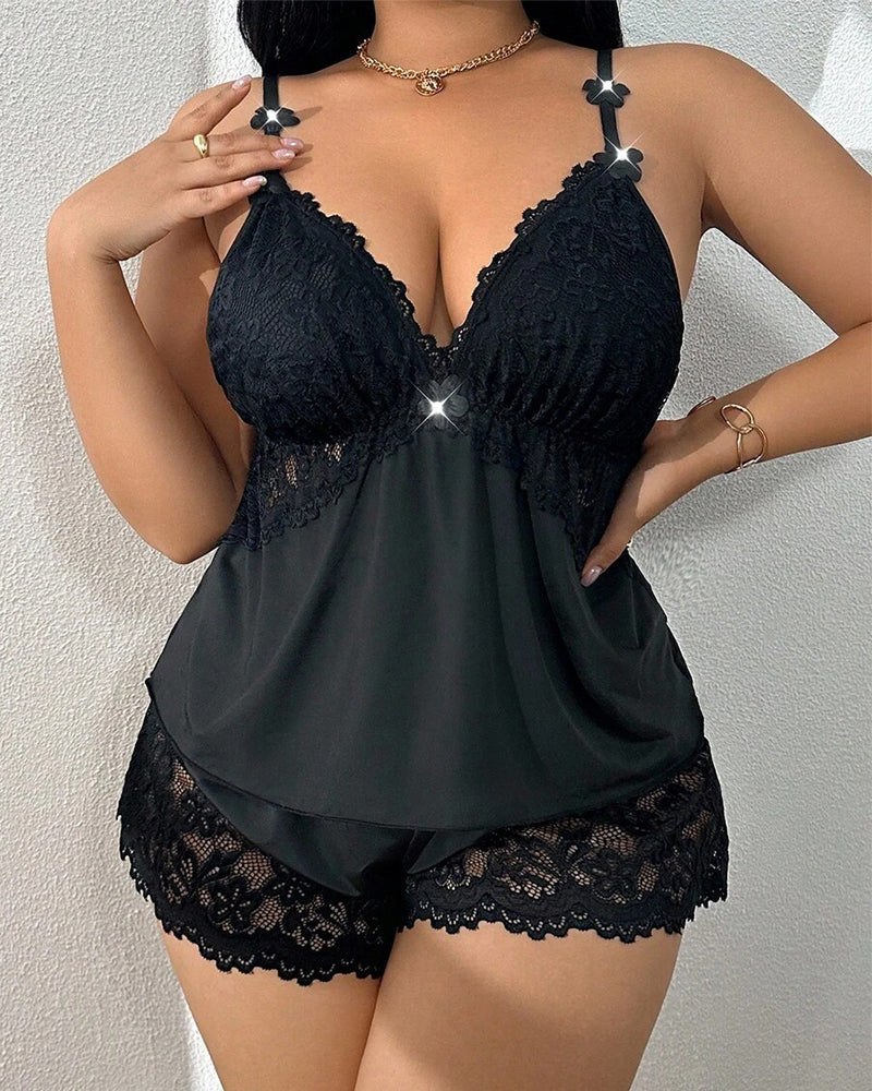 Plus Size Lace Satin V-Neck Camisole and Shorts Pajama Set
