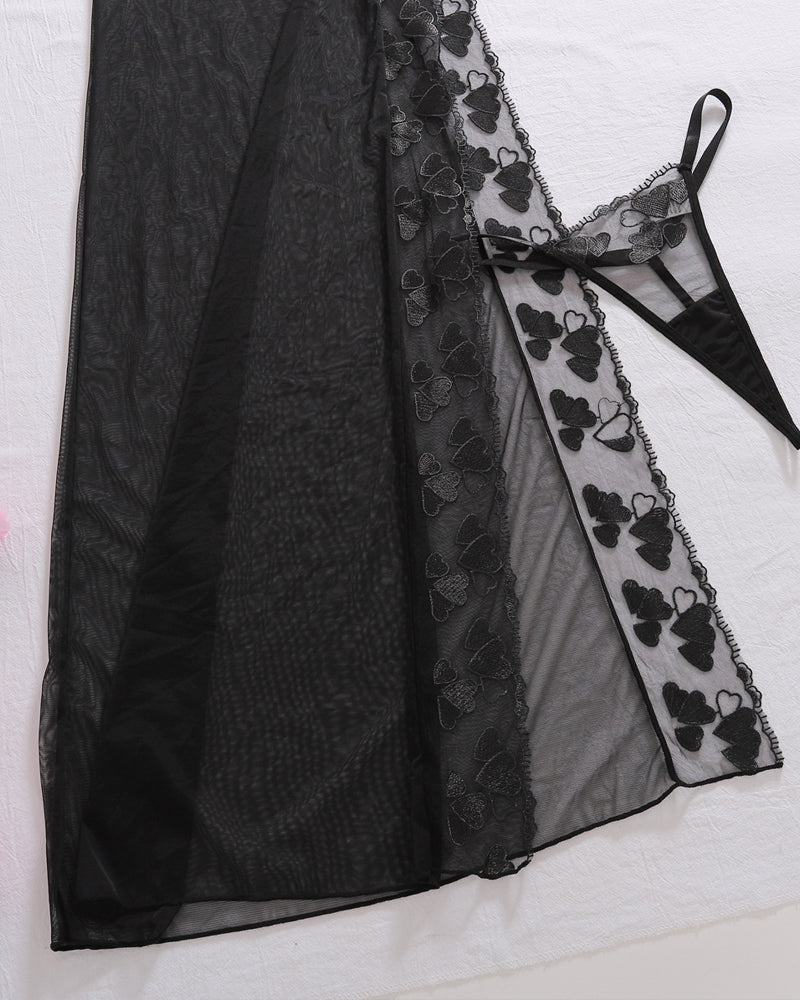 See-through Mesh High-slit Chemise Long Nightgown Set