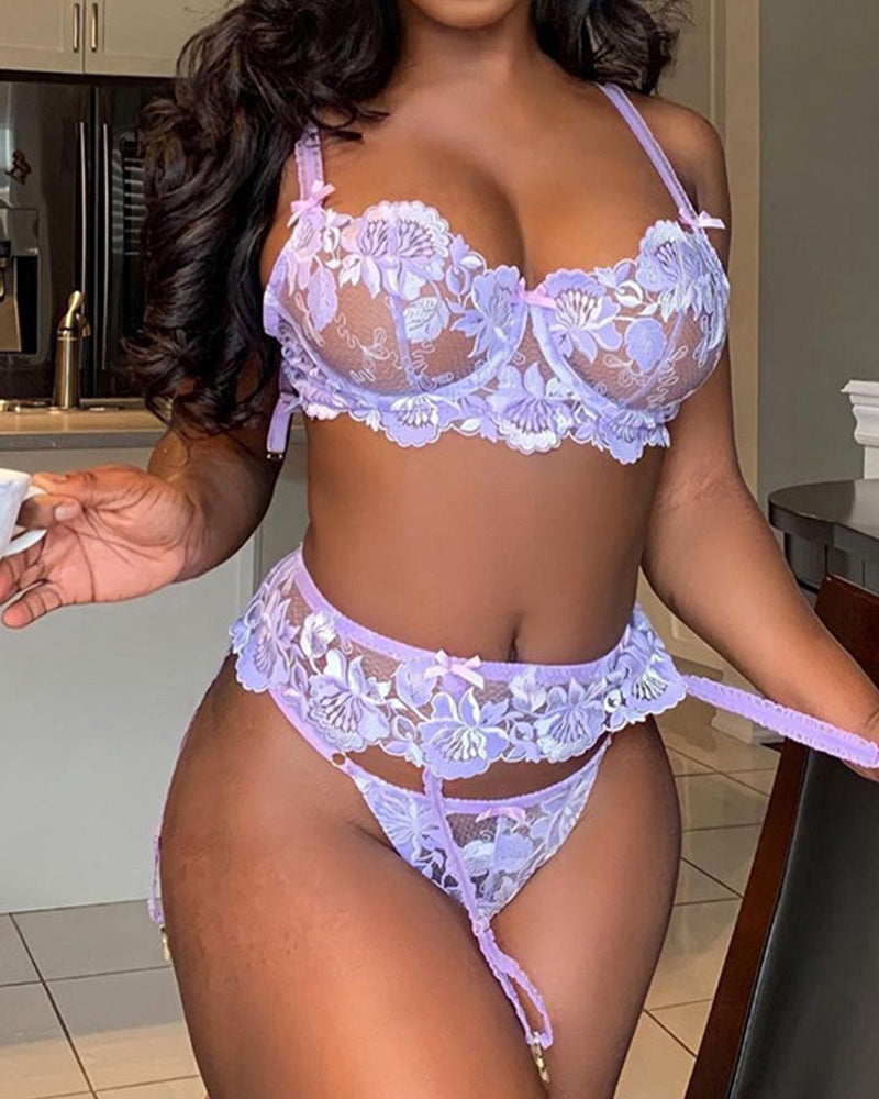 Purple Floral Embroidered Lace Mesh Sheer See-through Hollow-out Lingerie Set