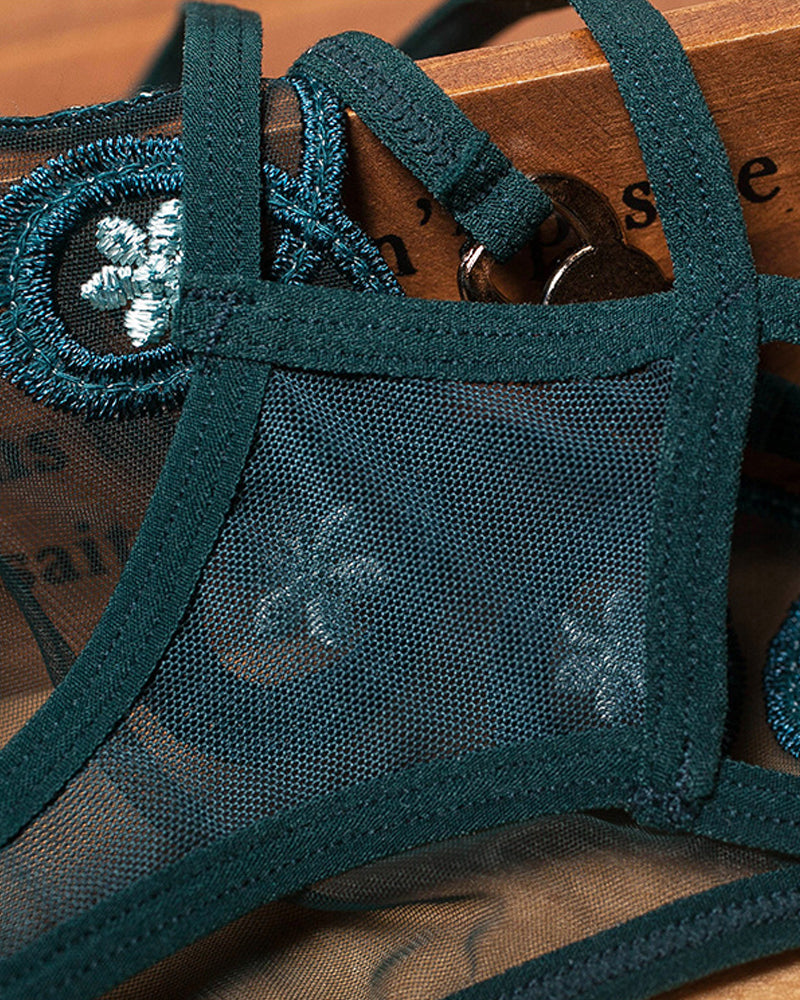 Embroidered Sheer Mesh Thong