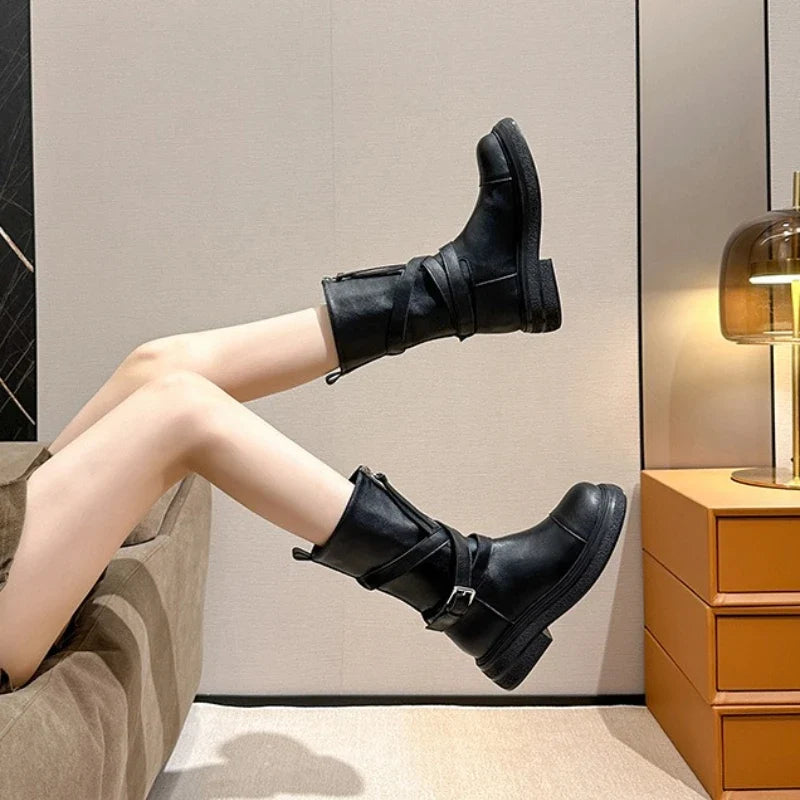 Retro Brown Autumn Ankle Boot Women Cross Tied Buckle Mid Calf Boots